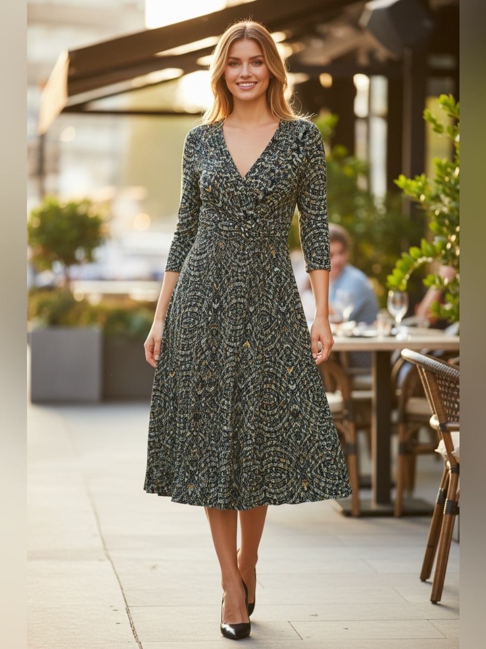 Danny & Nicole Teal and Gold Patterned V‑Neck Midi Dress